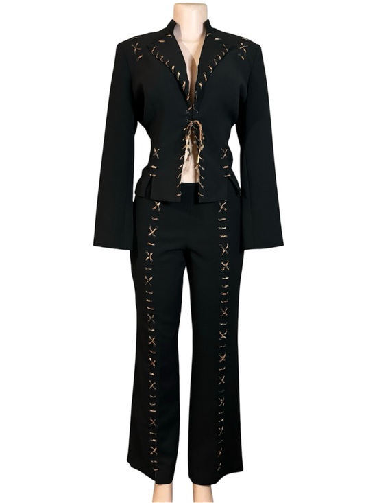 Alberto Makali Pants - (SoLD ) Lace Up Blazer & Pant Suit Leopard Print BlK Dacron Sz 10 Y2K
